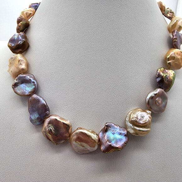 Large Keshi Baroque Pearl Necklace And Bracelet Set, Rainbow Colors 925  SS - Picture 2 of 15